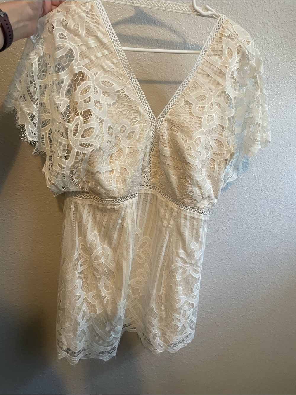 Lace V-Neck Mini Dress- Cream